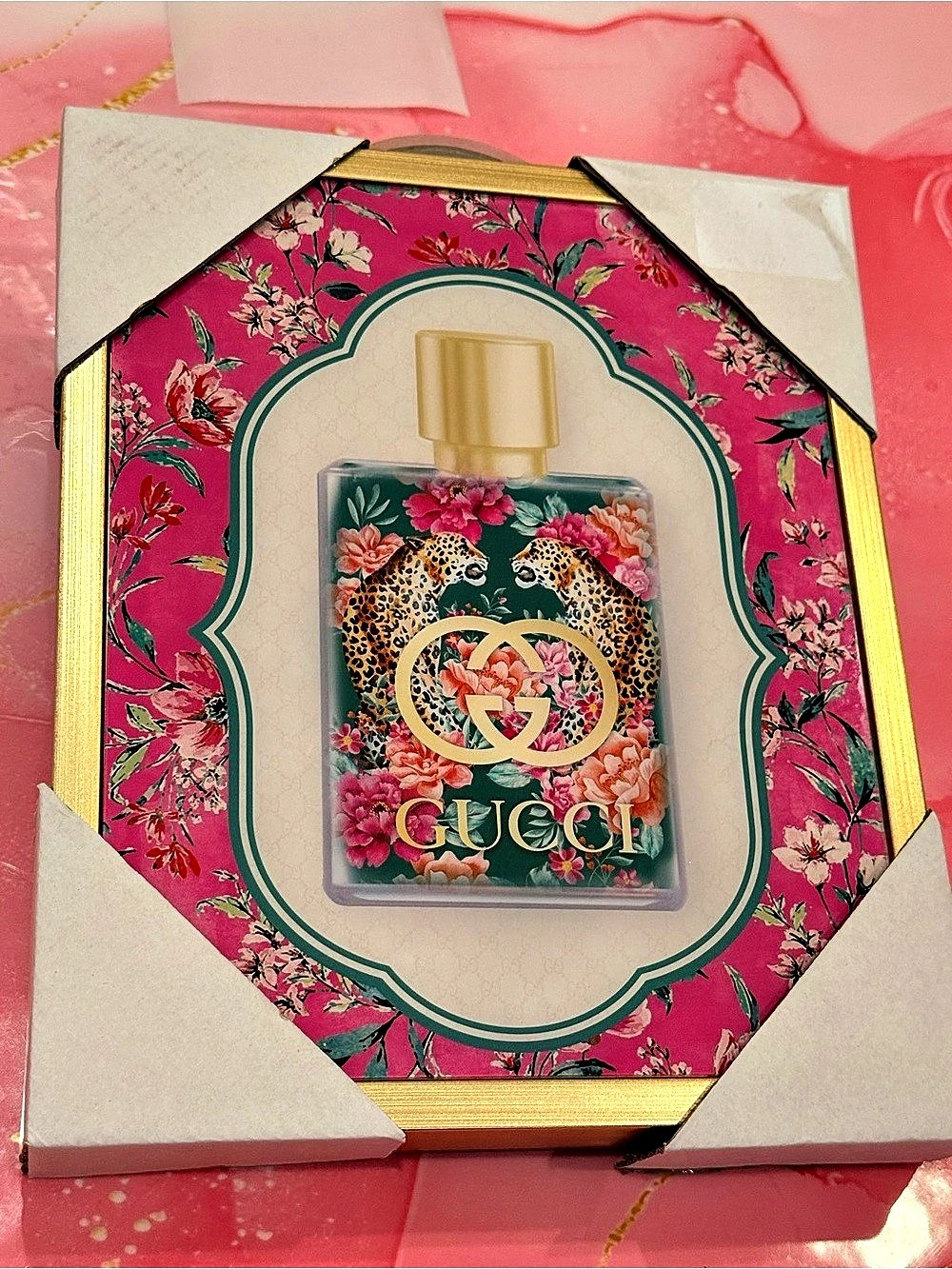 Gucci Floral Framed Perfume Artwork painting Pink & Green NWT